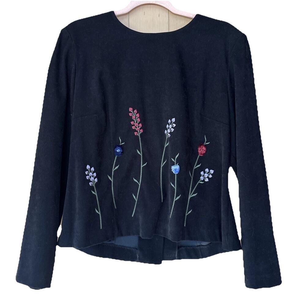 VTG Positive Attitude Black Faux Suede Embroidered Floral Top Sz 16 90s Boho
